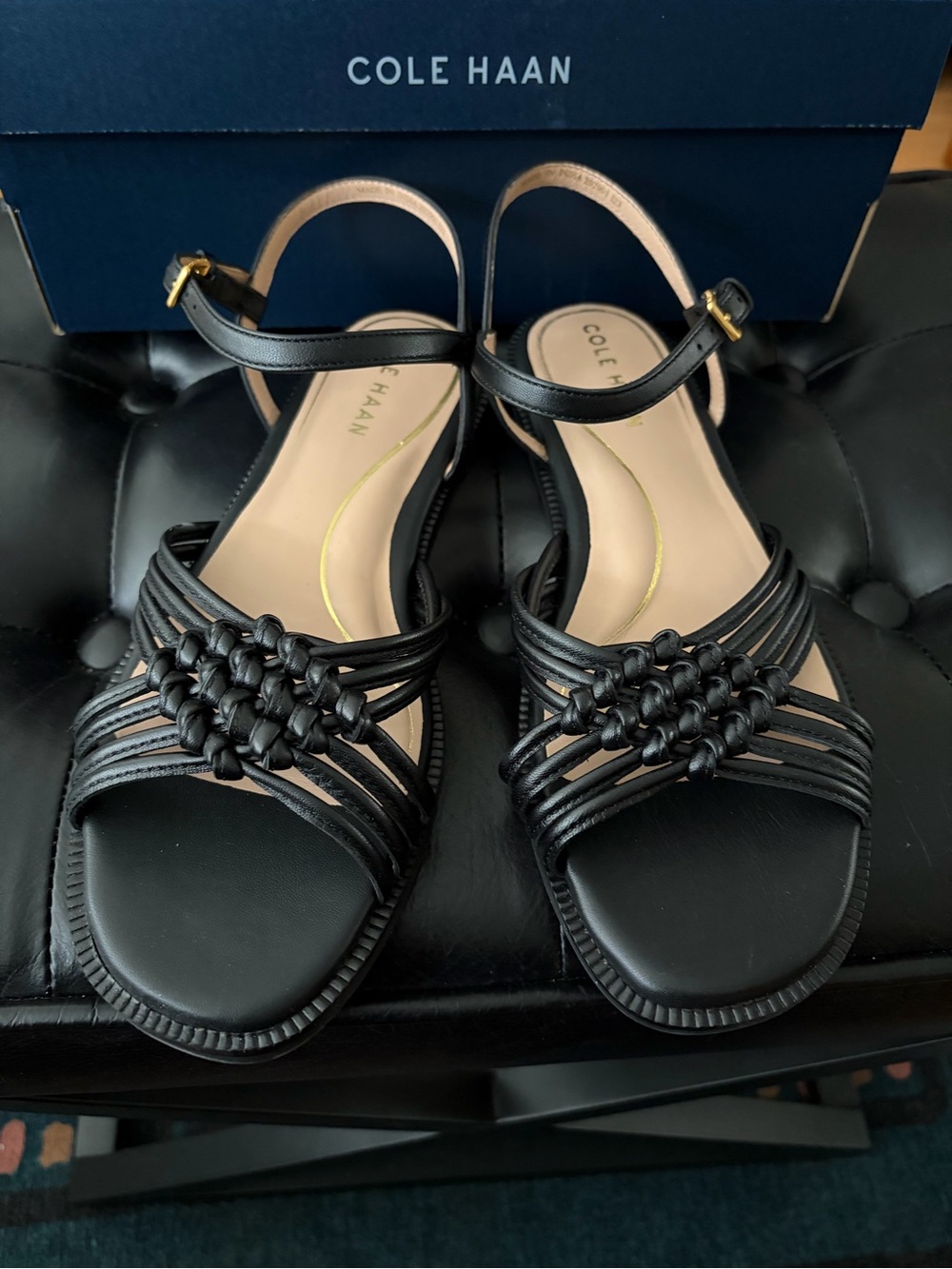 Cole Haan Women's Black Knotted Strap Leather Sandals